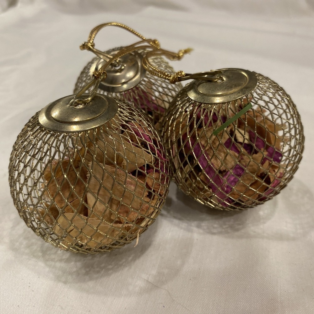 3 MCM Gold Tone Wire Mesh Ball Potpourri Cages Christmas Ornaments Vintage